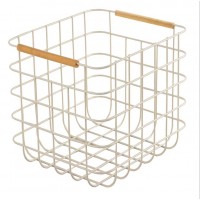 High Quality Storage Basket Wrought Iron Metal Clothing basket with wood-White Color In Kitchen Room